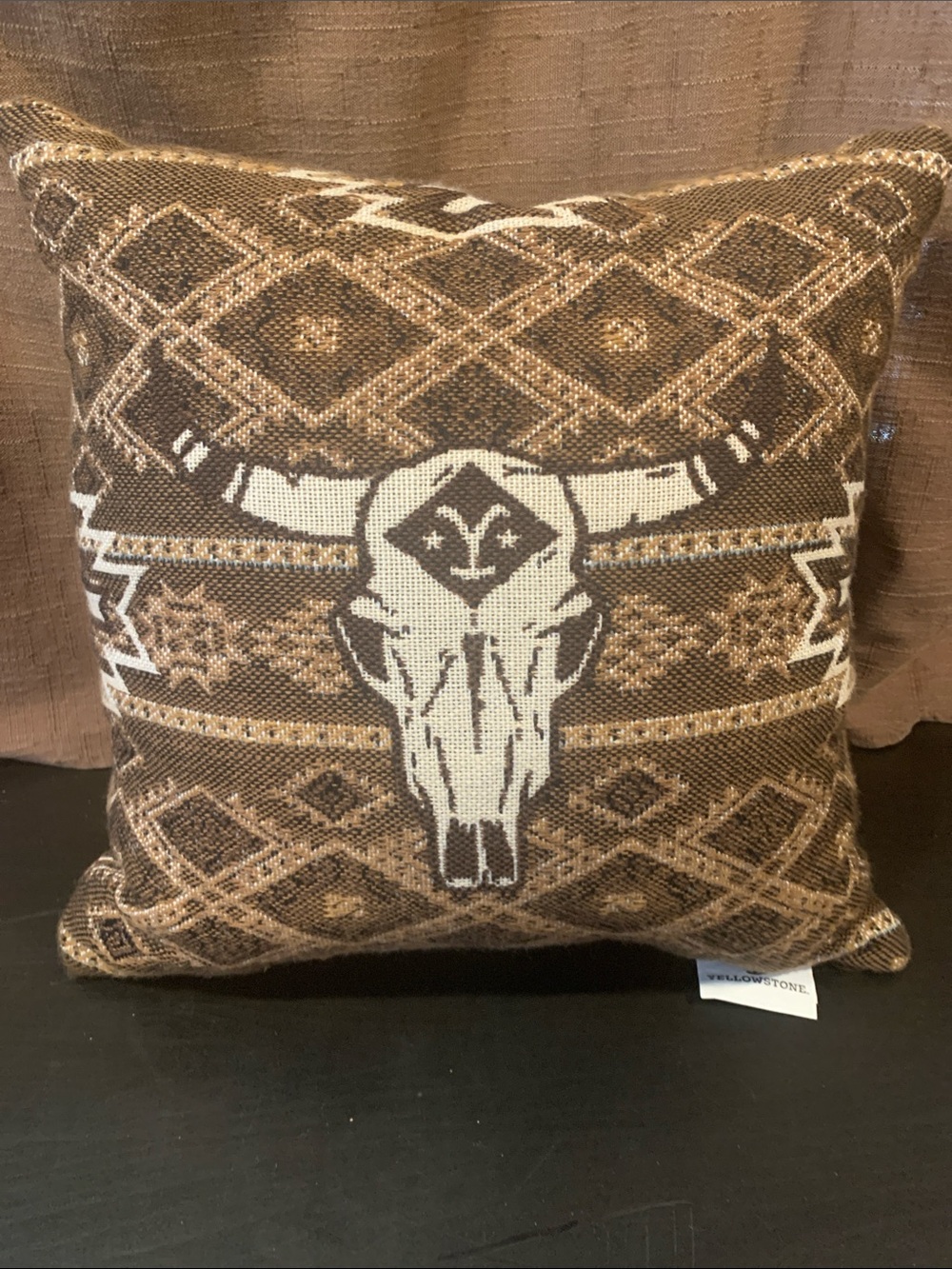 YELLOWSTONE—Rustic Brown & Cream Southwestern Bull Skull Accent Pillow